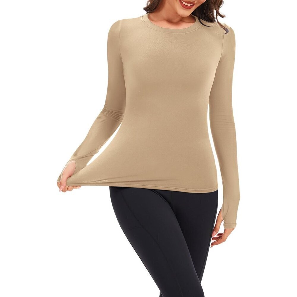 Womens Thermal Top Micro Fleece-Lined Slim Fit Crew Neck Winter Layer